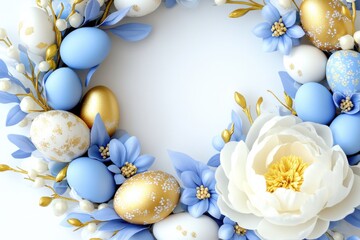 Luxurious Easter wreath featuring creamy white peonies, pale blue delphiniums, and gold-painted eggs for festive home decor