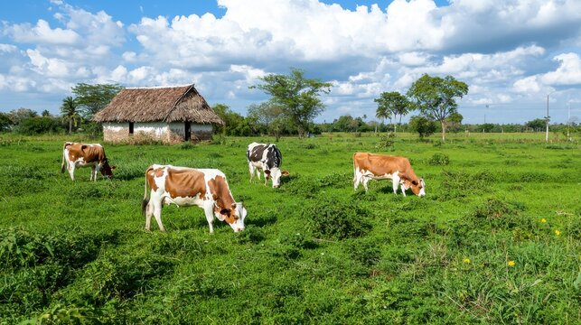 Cows grazing peacefully in a green field near a thatched hut under soft sunlight