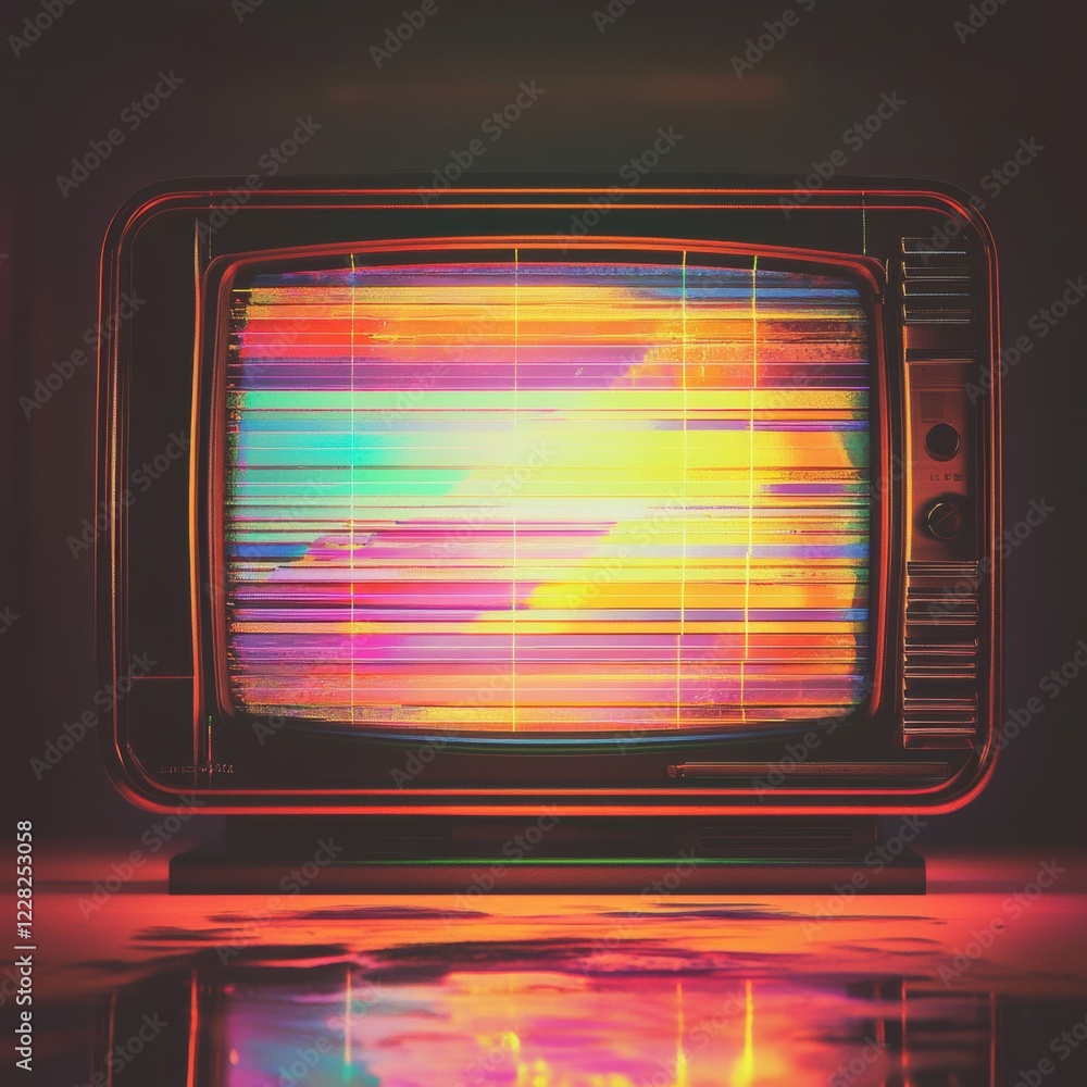 Poster Retro television screen displays colorful glitch patterns and static noise in a vintage setting. Generative AI