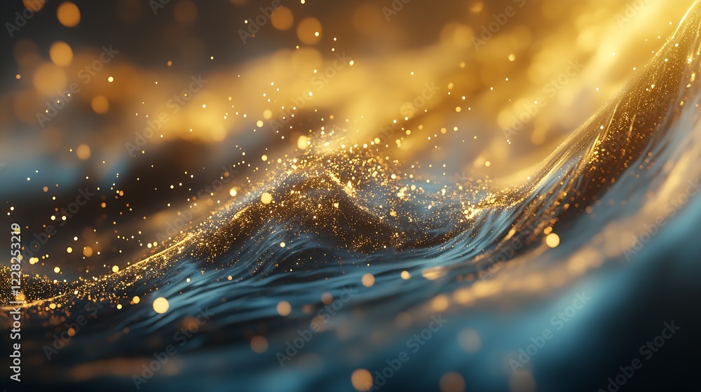 Aufkleber dynamic flowing waves of gold sparkles and blue tones : generative ai
