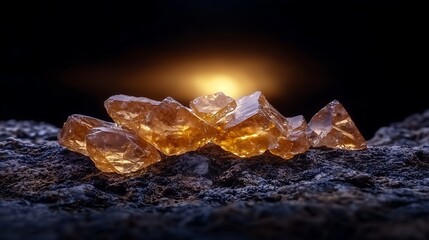Obraz premium Amber sugar crystals on rock, sunset backdrop; food photography