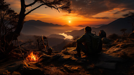 Silhouette of a man sitting by the campfire in the mountains at sunset