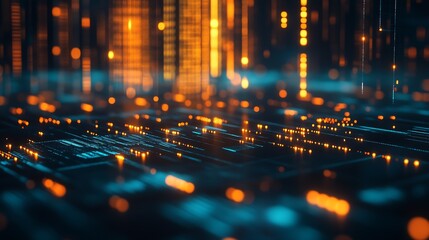 Naklejka premium Futuristic Digital Matrix Cityscape with Glowing Orange and Blue Data Streams : Generative AI