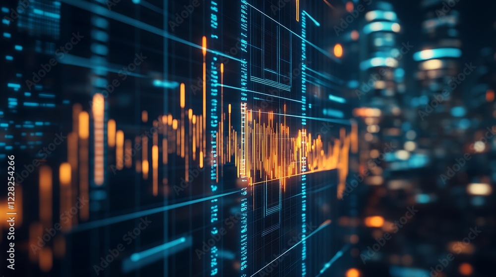 Aufkleber Futuristic Cityscape with Digital Financial Graph and Technology Vibes : Generative AI