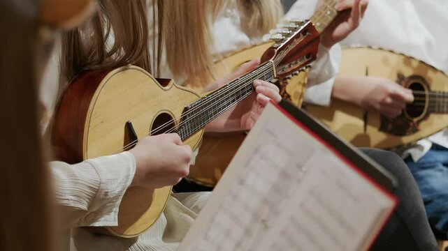 Musicians Playing Traditional Dalmatian Mandolins in slow motion in Croatia During a Live Performance, Close-up