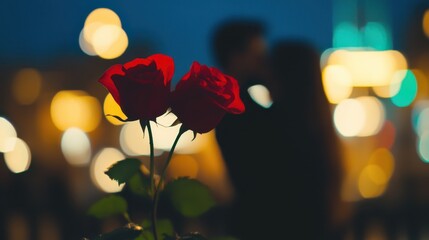 Two vibrant roses elegantly arranged in a delicate vase, their beauty enhanced by a soft, dreamy background, creating a romantic atmosphere for Valentine's Day.