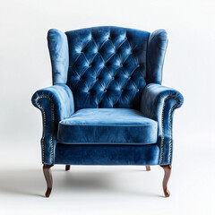 Luxurious Blue Velvet Armchair with a Tufted Back on a White Background