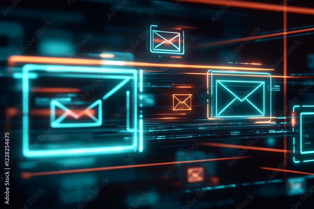 Poster futuristic neon email iconography in digital technology interface : generative ai