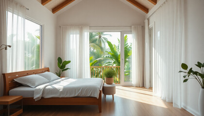 A modern tropical bedroom with wooden furniture, open windows, sheer curtains, and vibrant green plants, creating a fresh and airy ambiance.
