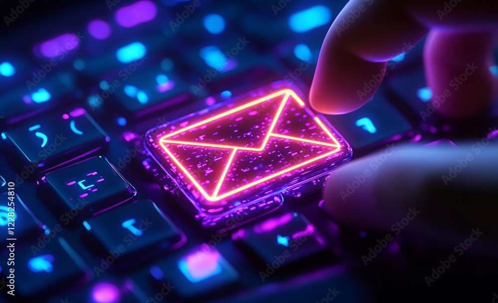 Aufkleber Futuristic Neon Email Icon on Computer Keyboard with Glowing Highlights : Generative AI