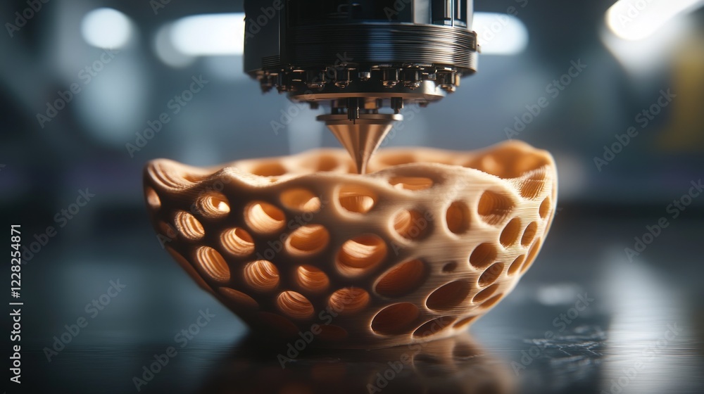 Poster Three dimensional printer creating a porous beige object