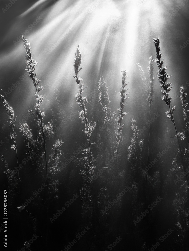 Aufkleber light rays illuminate golden ears of wheat in a serene countryside setting during the golden hour. g