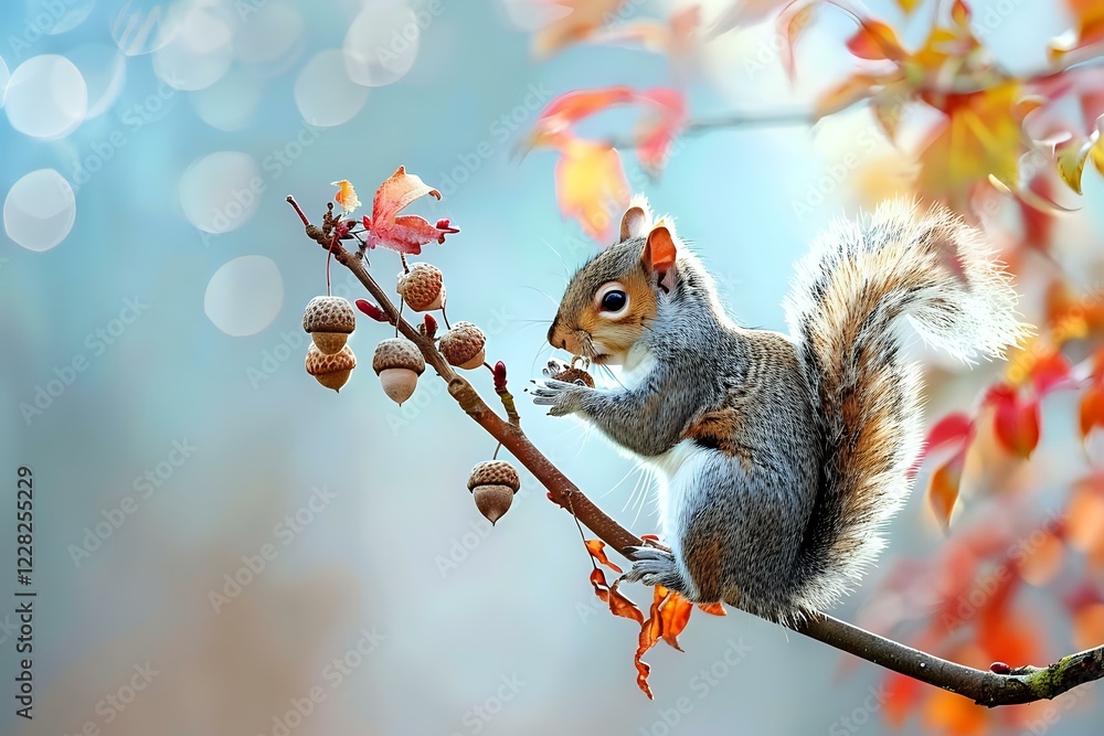 Poster gray squirrel eating acorn on tree branch with autumn maple leaves and bokeh background, soft focus 