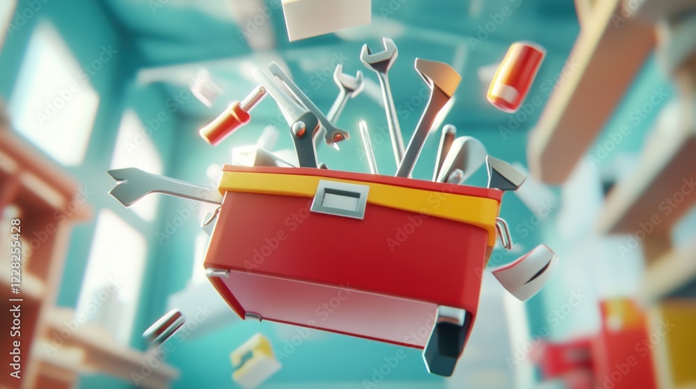 Poster red toolbox overflowing with various tools