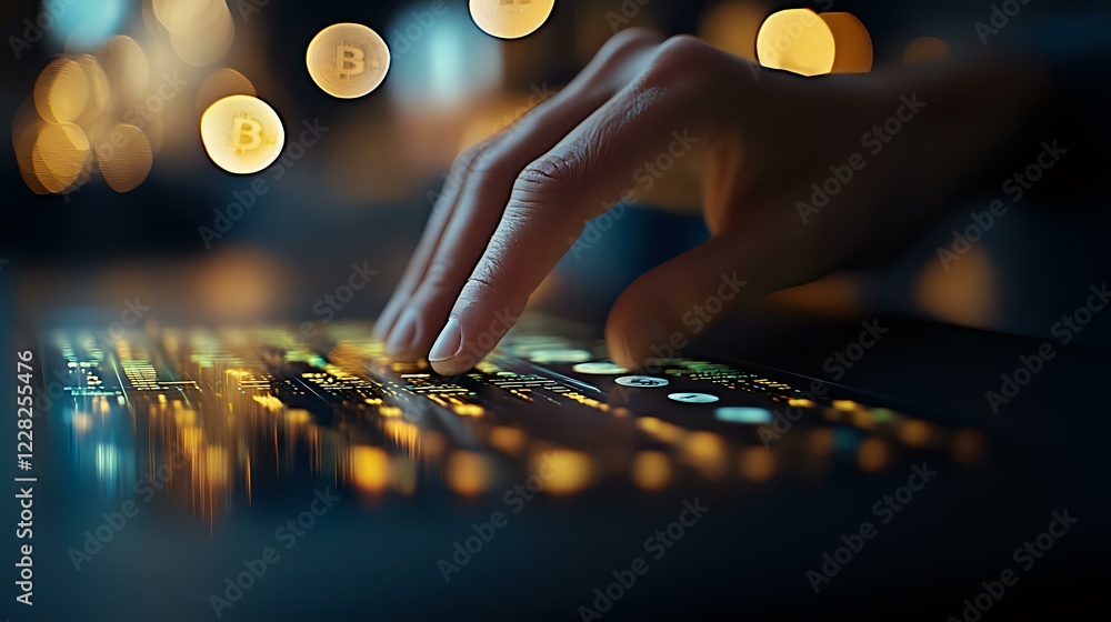 Poster fingers typing on illuminated computer keyboard in dark room with bokeh lights background, creating 