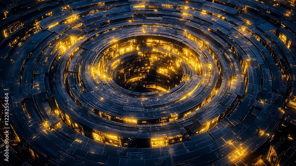 Poster digital tornado with glowing yellow and dark blue swirling layers and 3d depth : generative ai
