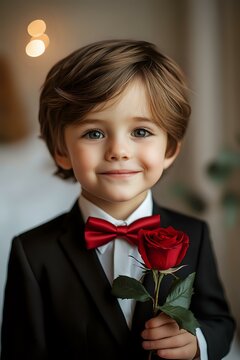 Young boy in black tuxedo and red bow tie holding single red rose, gentle smile and warm expression, soft bokeh background creates romantic atmosphere.