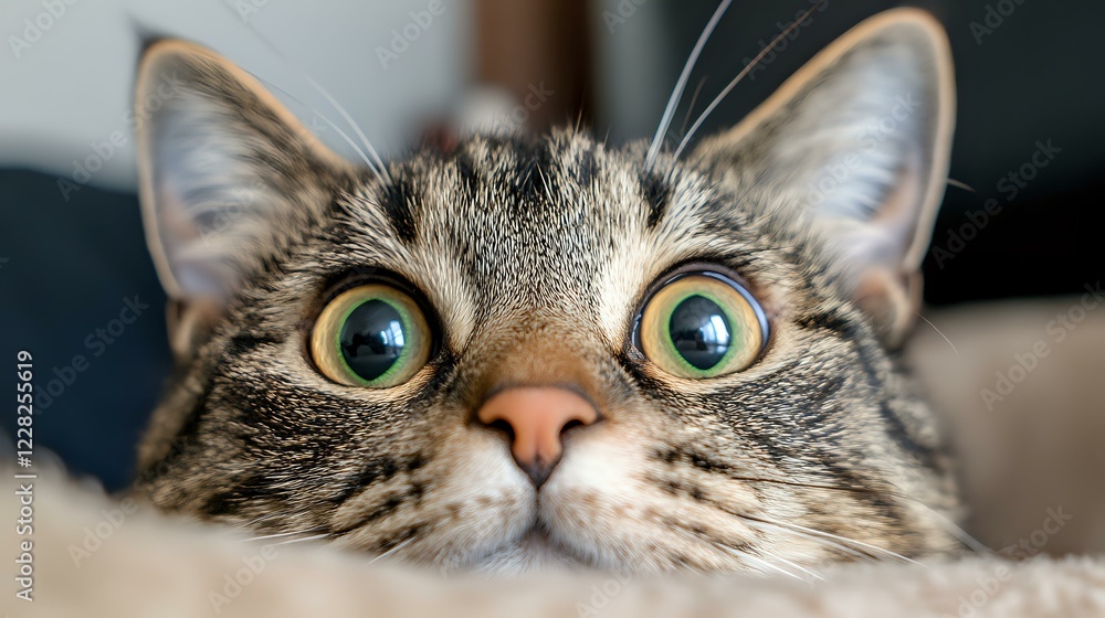 Poster Extreme close up portrait of tabby cat face with bright green eyes and pink nose looking up with curious expression. Macro photography with shallow depth of field.