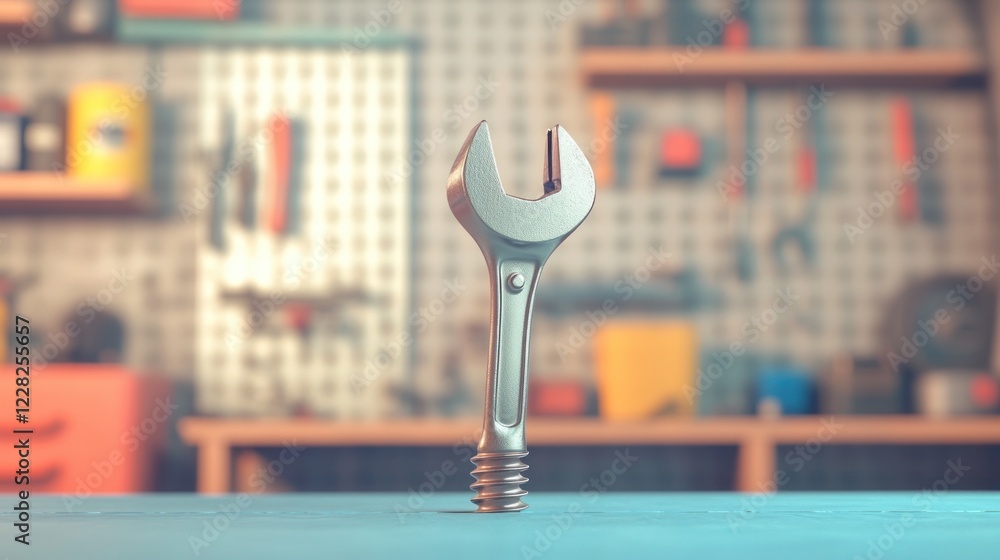 Aufkleber a single wrench stands on a blue surface in a workshop