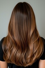 Naklejka premium Back view of long wavy brown hair with caramel balayage highlights showing modern coloring technique and healthy, glossy hair texture against neutral background.