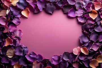 Obraz premium A heart-shaped display of vibrant purple and orange petals rests on a soft pink canvas, radiating love and warmth for Valentine's Day.