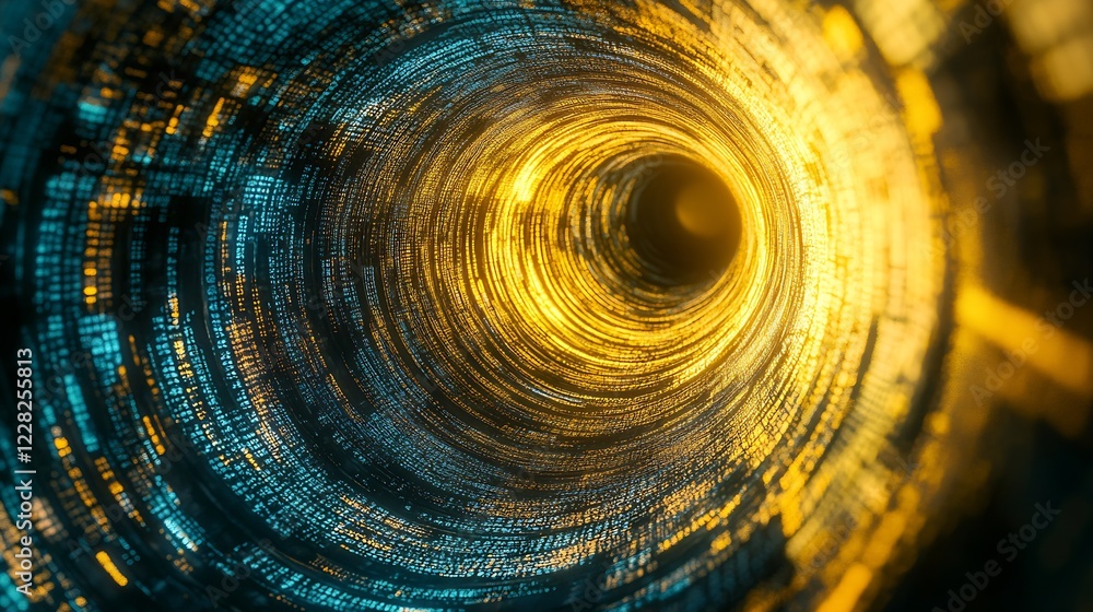 Aufkleber futuristic light tunnel with blue and gold digital patterns : generative ai
