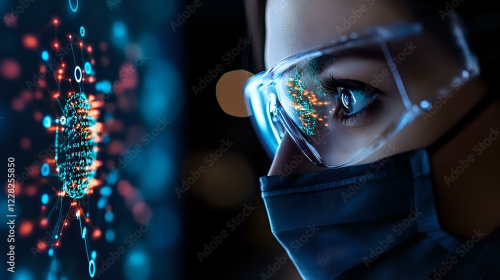 Aufkleber medical professional in protective mask and glasses examining digital virus model with glowing binar