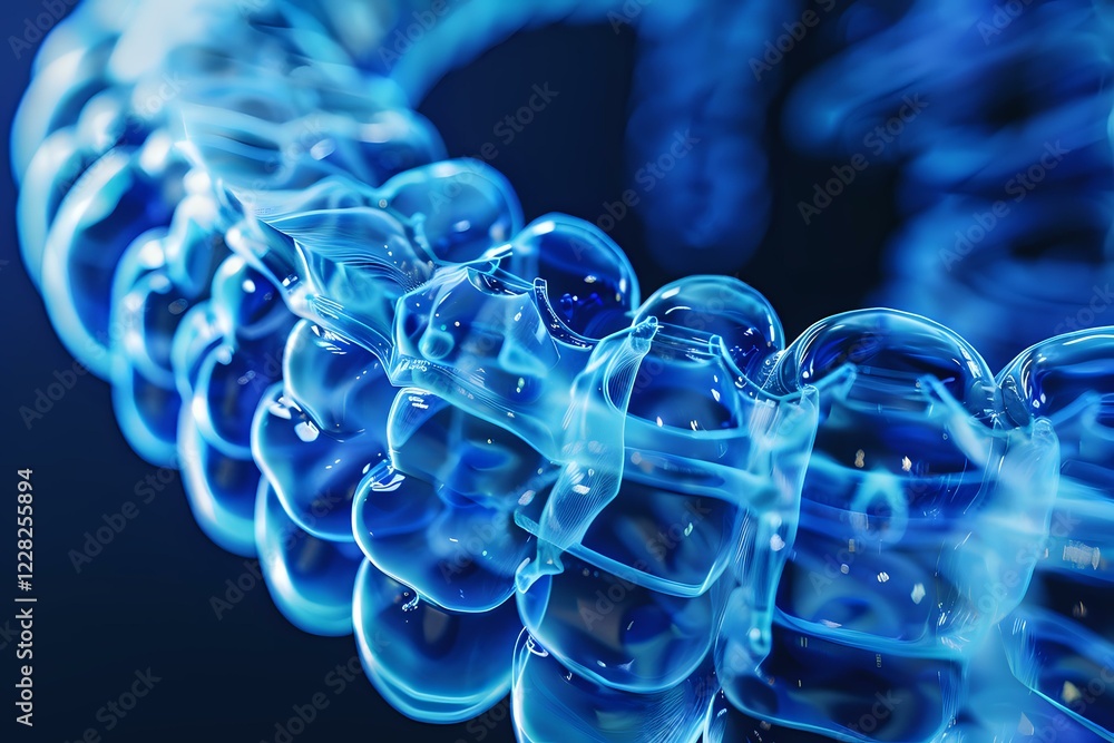 Poster glowing blue spiral structure with transparent spherical elements creating dynamic molecular pattern