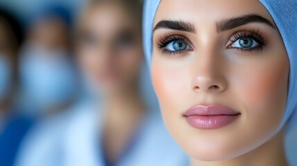 Close up portrait of female medical professional wearing light blue surgical cap and face mask, with striking blue eyes and flawless makeup, against blurred hospital background.