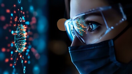 Medical professional in protective mask and glasses examining digital virus model with glowing binary code pattern against dark background.