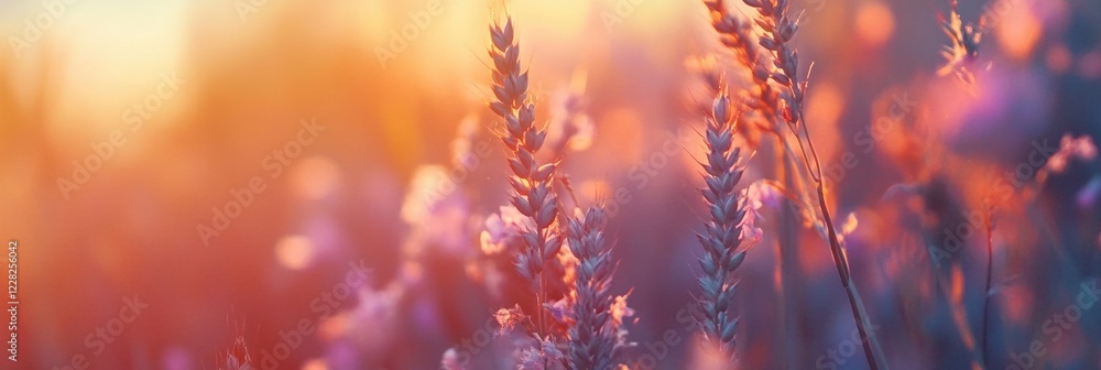 Poster rays of sunlight illuminating golden wheat fields during a serene sunset. generative ai