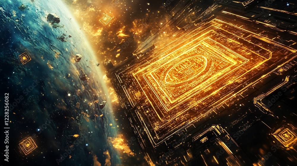 Poster majestic galactic geometry hovering near earth with fiery cosmic elements : generative ai