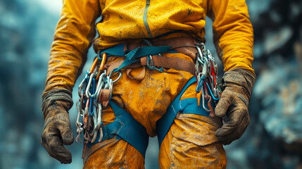 A rugged climber in a yellow suit with harness and carabiners, ready for a challenging ascent against a rocky background