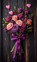 A charming display of purple and orange roses intertwined with pink hearts, elegantly arranged on a rustic wooden table, perfect for Valentine's Day.