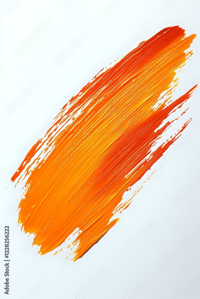 Poster Vibrant orange paint brush stroke on white background, dynamic artistic expression with textured edges and gradient shading. Isolated design element for creative projects.