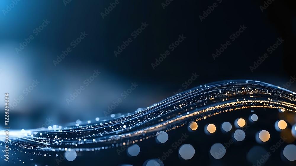 Poster glowing abstract wave with sparkles and bokeh lights on dark blue background, modern dynamic design 