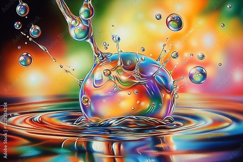 Poster abstract burst of water bubbles in a colorful spectrum : generative ai