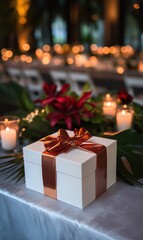 A romantic scene unfolds as soft candlelight flickers, illuminating a beautifully wrapped gift box on an elegantly set table, perfect for Valentine's Day.