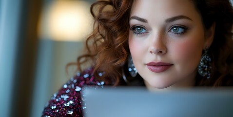 Young woman with curly red hair and glamorous makeup looking at laptop screen in evening, wearing sparkly purple dress and crystal earrings.