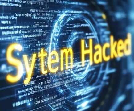 System hacked message displayed on a digital interface with code