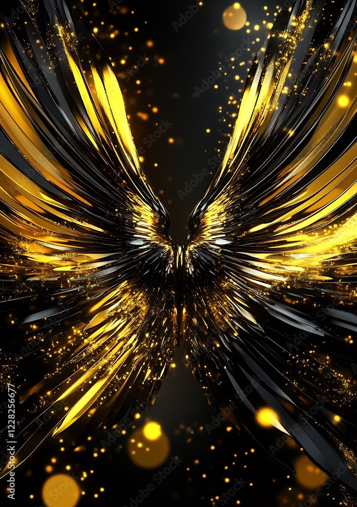Aufkleber golden and black winged abstract art with glowing particles on dark background : generative ai