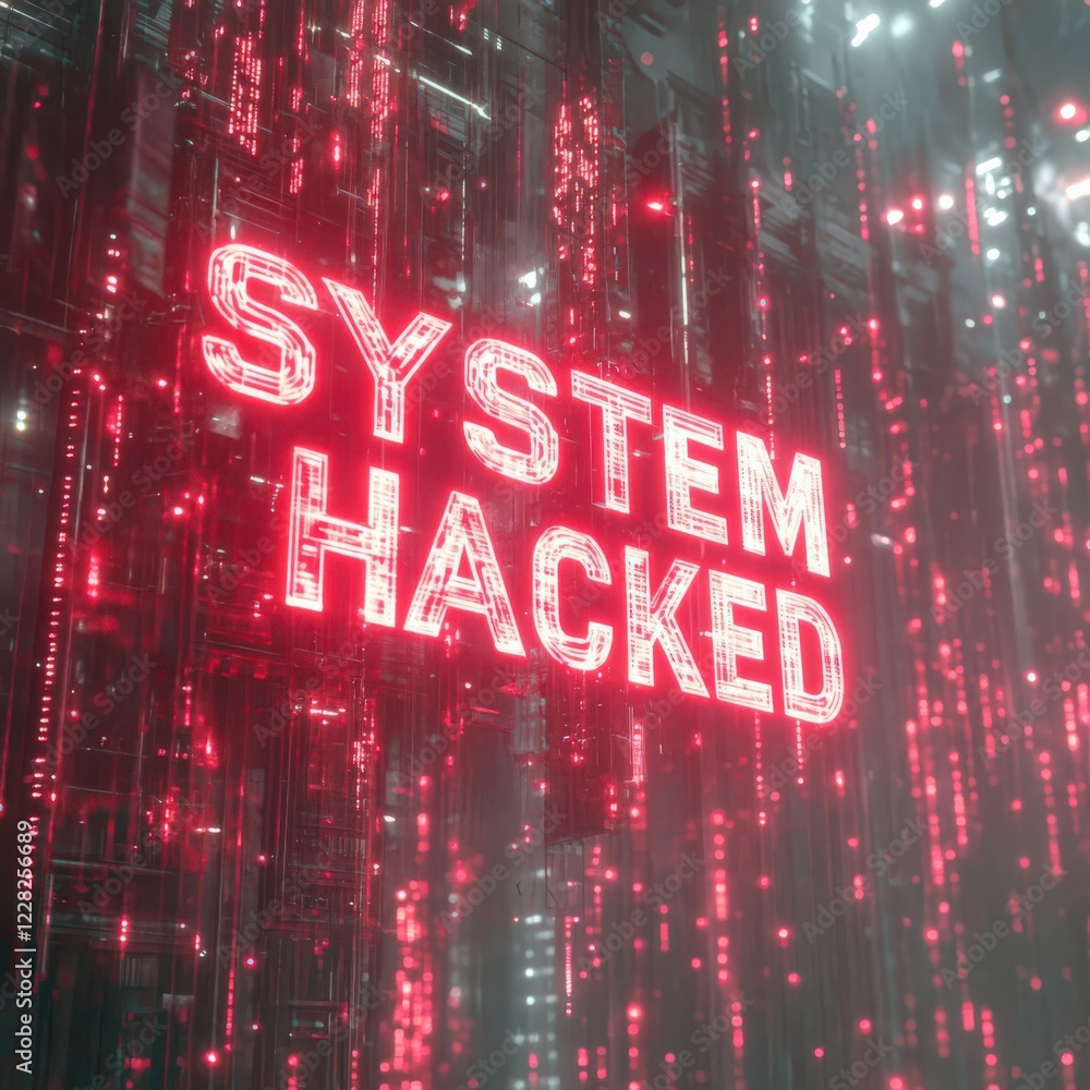 Poster neon sign displaying system hacked in a digital environment