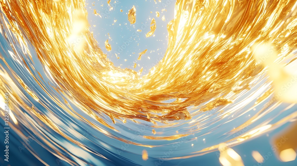 Poster ethereal golden liquid spiral with bright shining effect and blue gradient : generative ai