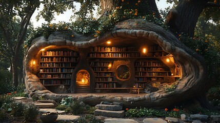 Obraz premium Magical tree library, forest setting, evening ambiance, reading nook