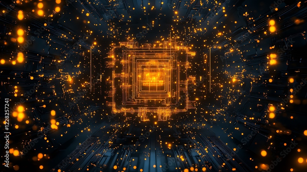 Poster Abstract Digital Square with Surrounding Glowing Orange Lights in Futuristic Setting : Generative AI