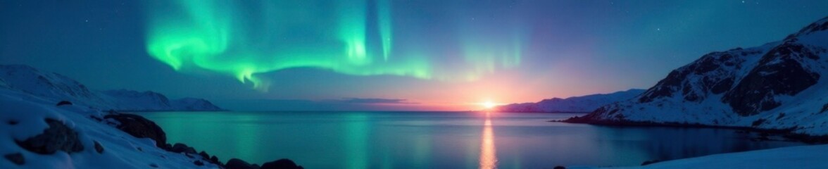 Naklejka premium Softly glowing northern lights on the horizon, Soft Light, Peaceful Environment