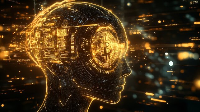 Bitcoin Cyber Head Illuminated by Futuristic Network of Blockchain and Cryptocurrency Data Streams : Generative AI