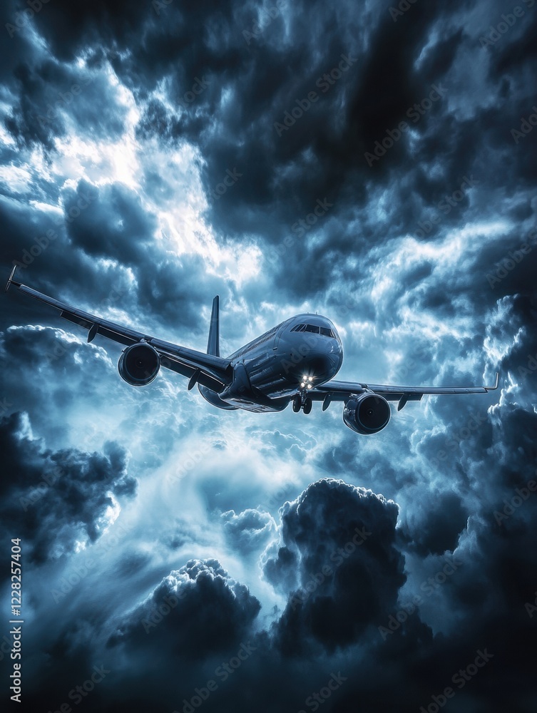 Aufkleber airplane flying through dark stormy clouds at twilight with dramatic lighting and ominous weather co