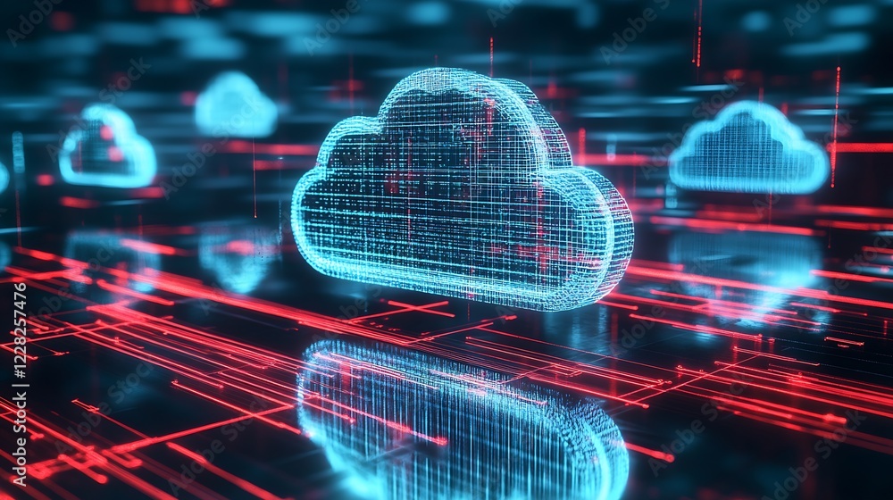 Aufkleber Futuristic Cloud Technology with Digital Network and Neon Color Schemes : Generative AI