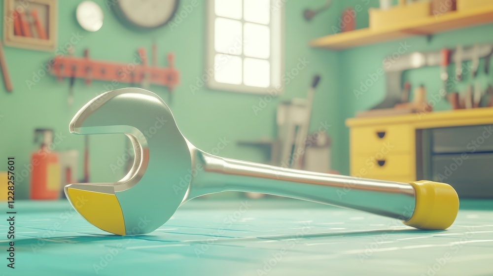 Poster A single wrench rests on a teal workbench in a workshop